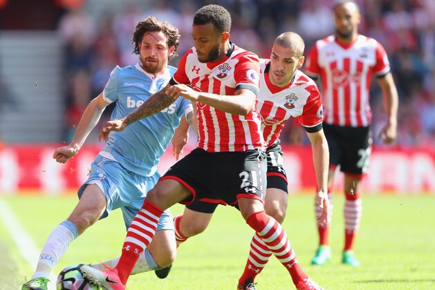 SOUTHAMPTON, ENGLAND - MAY 21:  Ryan Bertrand of Southampton tackles Joe Allen of Stoke City during the Premier League match between Southampton and Stoke City at St Mary's Stadium on May 21, 2017 in Southampton, England.  (Photo by Warren Little/Getty Images)