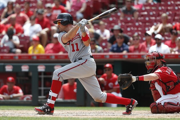 Washington Nationals' Ryan Zimmerman hits a single off Cincinnati Reds relief pitcher Raisel Iglesias in the ninth inning of a baseball game, Monday, July 17, 2017, in Cincinnati. The Nationals won 6-1. (AP Photo/John Minchillo)