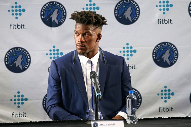 BLOOMINGTON, MN - JUNE 29: Tom Thibobeau introduces Jimmy Butler of the Minnesota Timberwolves to the public during a press conference at the Mall of America on June 29, 2017 in Bloomington, Minnesota. NOTE TO USER: User expressly acknowledges and agrees that, by downloading and or using this Photograph, user is consenting to the terms and conditions of the Getty Images License Agreement. Mandatory Copyright Notice: Copyright 2017 NBAE (Photo by Gary Dineen/NBAE via Getty Images) BLOOMINGTON, MN - JUNE 29: Tom Thibobeau introduces Jimmy Butler of the Minnesota Timberwolves to the public during a press conference at the Mall of America on June 29, 2017 in Bloomington, Minnesota. NOTE TO USER: User expressly acknowledges and agrees that, by downloading and or using this Photograph, user is consenting to the terms and conditions of the Getty Images License Agreement. Mandatory Copyright Notice: Copyright 2017 NBAE (Photo by Gary Dineen/NBAE via Getty Images)