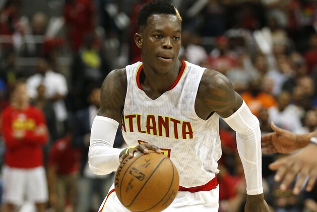 ATLANTA, GA - APRIL 28:  Guard Dennis Schroder #17 of the Atlanta Hawks dribbles during Game Six of the Eastern Conference Quarterfinals against the Washington Wizards at Philips Arena on April 28, 2017 in Atlanta, Georgia. NOTE TO USER: User expressly acknowledges and agrees that, by downloading and or using this photograph, User is consenting to the terms and conditions of the Getty Images License Agreement. (Photo by Mike Zarrilli/Getty Images)