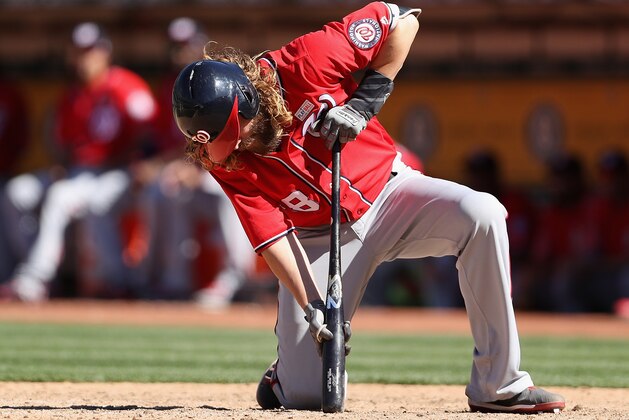 OAKLAND, AZ - JUNE 03:  Jayson Werth #28 of the Washington Nationals reacts after fouling the baseball off his leg as he bats against the Oakland Athletics during the ninth inning of the MLB game at Oakland Coliseum on June 3, 2017 in Oakland, California. The Athletics defeated the Nationals 10-4.  (Photo by Christian Petersen/Getty Images)
