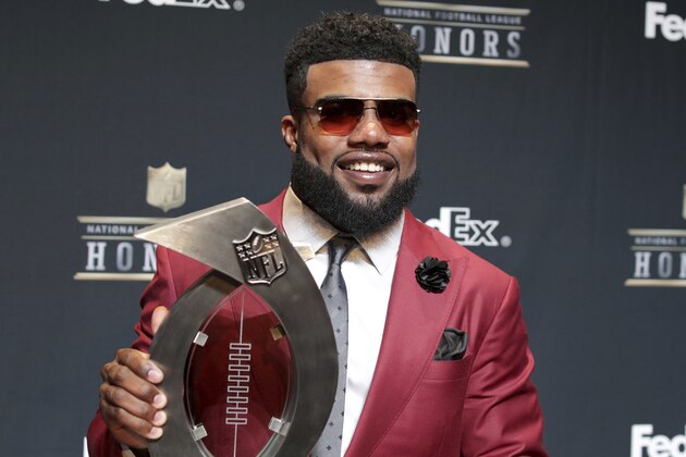 IMAGE DISTRIBUTED FOR NFL - Ezekiel Elliott of the Dallas Cowboys poses in the press room with the FedEx Air & Ground Award at the 6th annual NFL Honors at the Wortham Center on Saturday, Feb. 4, 2017, in Houston. (Photo by Jeff Lewis/Invision for NFL/AP Images)
