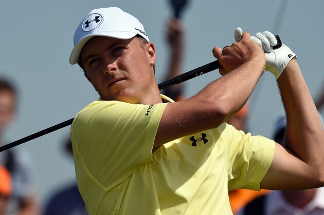 US golfer Jordan Spieth watches his drive from the 15th tee during a practice round at Royal Birkdale golf course near Southport in north west England on July 18, 2017, ahead of the 146th Open Golf Championship. / AFP PHOTO / Andy BUCHANAN / RESTRICTED TO EDITORIAL USE        (Photo credit should read ANDY BUCHANAN/AFP/Getty Images)