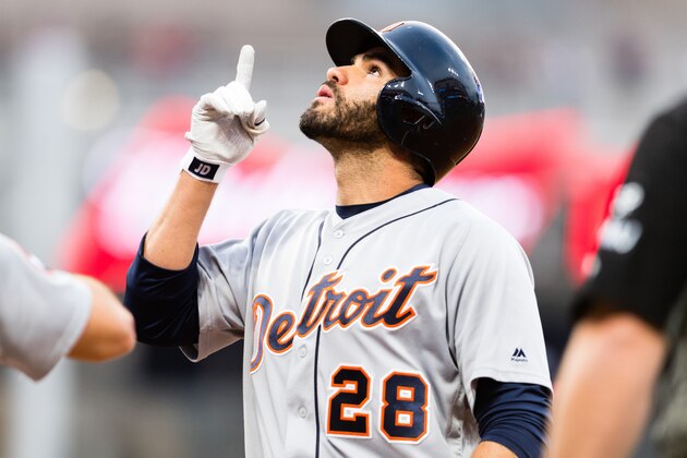 CLEVELAND, OH - JULY 7: J.D. Martinez #28 of the Detroit Tigers celebrates after hitting an RBI single during the fourth inning against the Cleveland Indians at Progressive Field on July 7, 2017 in Cleveland, Ohio. (Photo by Jason Miller/Getty Images)