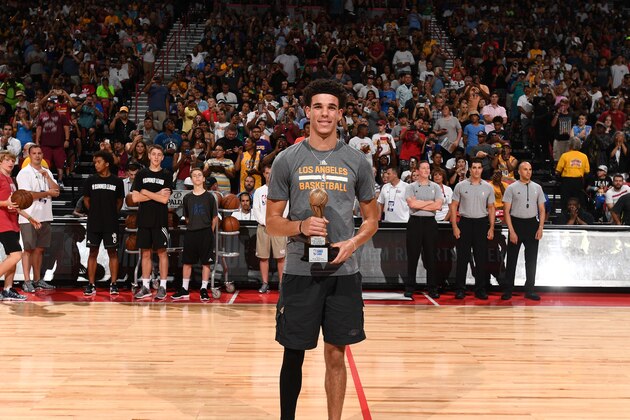 LAS VEGAS, NV - JULY 17: Lonzo Ball #2 of the Los Angeles Lakers receives the MGM Resorts NBA Summer League MVP Award before the game against the Portland Trail Blazers during the 2017 Summer League Finals on July 17, 2017 at the Thomas & Mack Center in Las Vegas, Nevada. NOTE TO USER: User expressly acknowledges and agrees that, by downloading and/or using this Photograph, user is consenting to the terms and conditions of the Getty Images License Agreement. Mandatory Copyright Notice: Copyright 2017 NBAE (Photo by Garrett Ellwood/NBAE via Getty Images)
