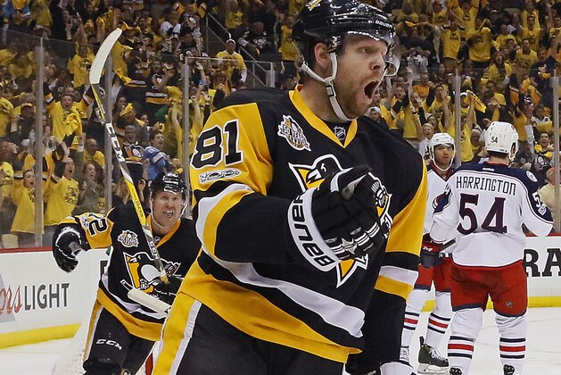Pittsburgh Penguins' Phil Kessel (81) celebrates his goal during the second period in Game 1 of an NHL first-round hockey playoff series against the Columbus Blue Jackets in Pittsburgh, Wednesday, April 12, 2017. (AP Photo/Gene J. Puskar) Pittsburgh Penguins' Phil Kessel (81) celebrates his goal during the second period in Game 1 of an NHL first-round hockey playoff series against the Columbus Blue Jackets in Pittsburgh, Wednesday, April 12, 2017. (AP Photo/Gene J. Puskar)