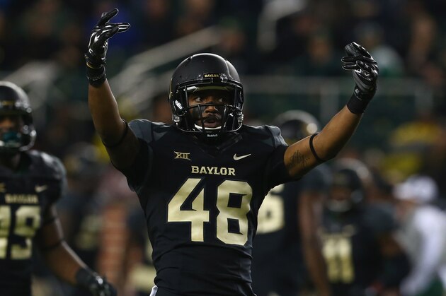 WACO, TX - NOVEMBER 22:  Travon Blanchard #48 of the Baylor Bears at McLane Stadium on November 22, 2014 in Waco, Texas.  (Photo by Ronald Martinez/Getty Images)