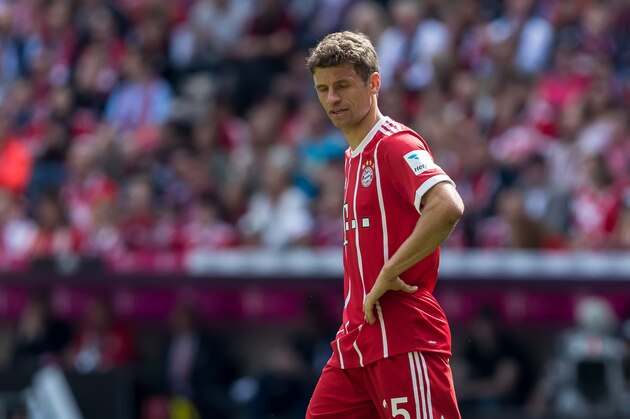 MUNICH, GERMANY - MAY 20: Thomas Mueller of Bayern Muenchen looks on during the Bundesliga match between Bayern Muenchen and SC Freiburg at Allianz Arena on May 20, 2017 in Munich, Germany. (Photo by TF-Images/Getty Images)