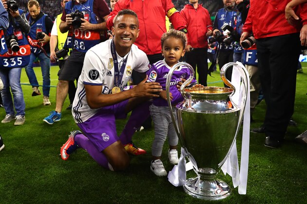 CARDIFF, WALES - JUNE 03: Danilo of Real Madrid poses with the trophy following the UEFA Champions League Final match between Juventus and Real Madrid at the National Stadium of Wales on June 3, 2017 in Cardiff, Wales. (Photo by Chris Brunskill Ltd/Getty Images)