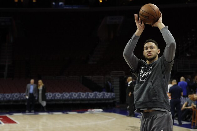 Philadelphia 76ers' Ben Simmons shoots the ball prior to an NBA basketball game against the Chicago Bulls, Thursday, April 6, 2017, in Philadelphia. The Bulls won 102-90. (AP Photo/Chris Szagola)