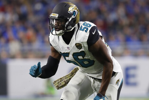 Jacksonville Jaguars defensive end Dante Fowler in action during the first half of an NFL football game against the Detroit Lions, Sunday, Nov. 20, 2016 in Detroit. (AP Photo/Paul Sancya)