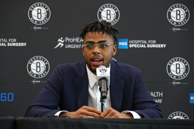 BROOKLYN, NY - JUNE 26:  D'Angelo Russell #1 of the Brooklyn Nets speaks to the media during his introductory press conference on June 26, 2017 at HSS Training Center in Brooklyn, New York. NOTE TO USER: User expressly acknowledges and agrees that, by downloading and or using this Photograph, user is consenting to the terms and conditions of the Getty Images License Agreement. Mandatory Copyright Notice: Copyright 2017 NBAE (Photo by Nathaniel S. Butler/NBAE via Getty Images)