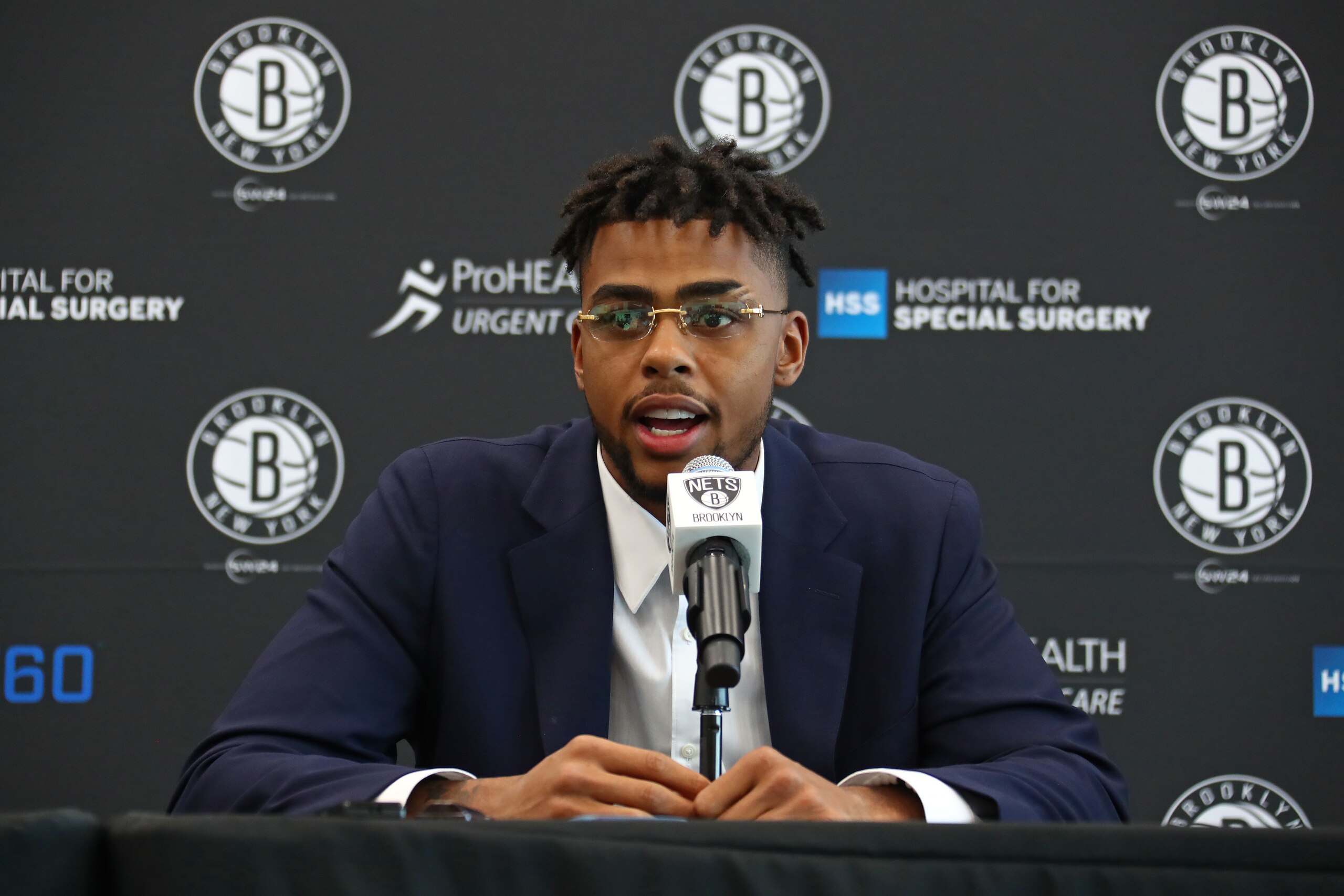 BROOKLYN, NY - JUNE 26:  D'Angelo Russell #1 of the Brooklyn Nets speaks to the media during his introductory press conference on June 26, 2017 at HSS Training Center in Brooklyn, New York. NOTE TO USER: User expressly acknowledges and agrees that, by downloading and or using this Photograph, user is consenting to the terms and conditions of the Getty Images License Agreement. Mandatory Copyright Notice: Copyright 2017 NBAE (Photo by Nathaniel S. Butler/NBAE via Getty Images)
