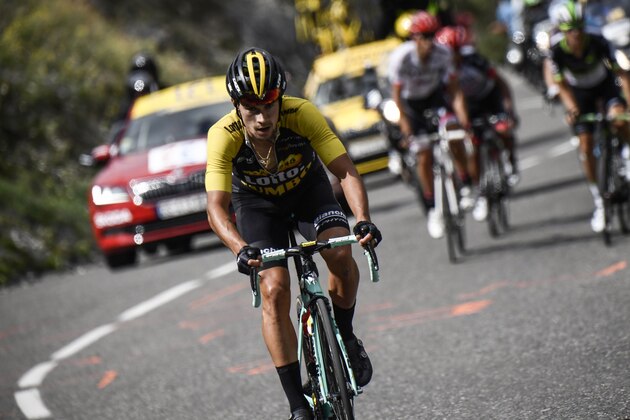 Slovenia's Primoz Roglic rides in a breakaway during the 183 km seventeenth stage of the 104th edition of the Tour de France cycling race on July 19, 2017 between Le La Mure and Serre-Chevalier, French Alps.  / AFP PHOTO / Jeff PACHOUD        (Photo credit should read JEFF PACHOUD/AFP/Getty Images)