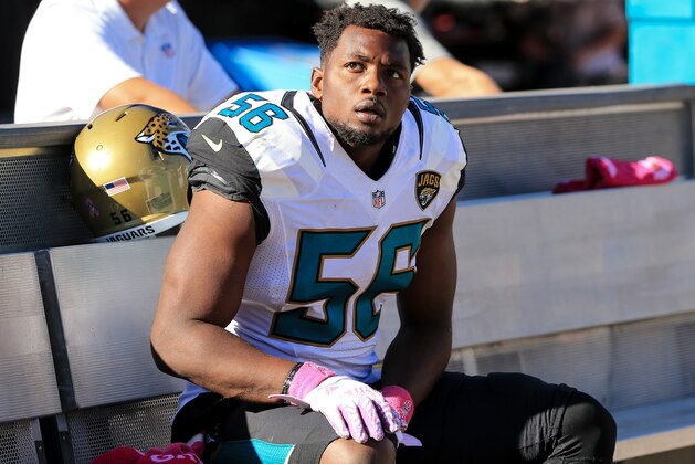 JACKSONVILLE, FL - OCTOBER 23: Dante Fowler #56 of the Jacksonville Jaguars looks on during the fourth quarter of the game against the Oakland Raiders at EverBank Field on October 23, 2016 in Jacksonville, Florida. (Photo by Rob Foldy/Getty Images)