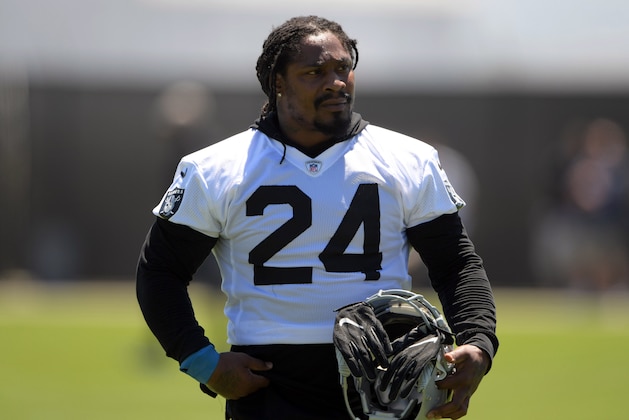 Jun 13, 2017; Alameda, CA, USA; Oakland Raiders running back Marshawn Lynch (24) reacts during minicamp at the Raiders practice facility. Mandatory Credit: Kirby Lee-USA TODAY Sports