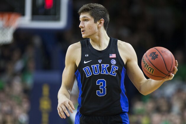 Duke’s Grayson Allen (3) moves the ball downcourt during the first half of an NCAA college basketball game against Notre Dame Monday, Jan. 30, 2017, in South Bend, Ind. (AP Photo/Robert Franklin) Duke’s Grayson Allen (3) moves the ball downcourt during the first half of an NCAA college basketball game against Notre Dame Monday, Jan. 30, 2017, in South Bend, Ind. (AP Photo/Robert Franklin)