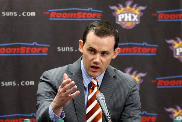 ADVANCE FOR WEEKEND EDITIONS, OCT. 26-27 - FILE- In this May 9, 2013, file photo, newly-appointed Phoenix Suns general manager Ryan McDonough speaks during an NBA basketball news conference in Phoenix. A new generation of general managers has flooded the league, and they're not the ex-players and ex-coaches that used to dominate those jobs. Six of the league’s general managers are under 40 this season. (AP Photo/Matt York, File)