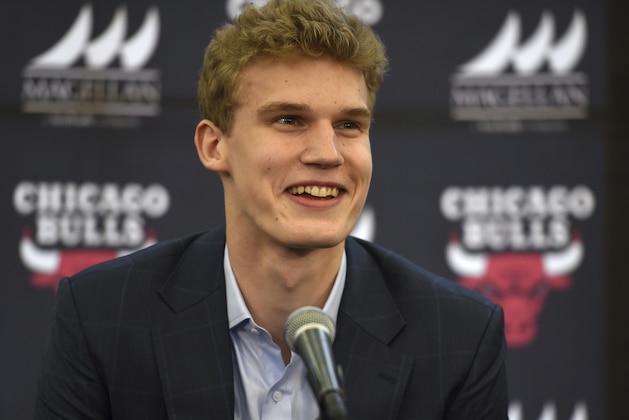 Chicago Bulls' draft pick Lauri Markkanen answer questions during a news conference at the NBA basketball teams training facility, Tuesday, June 27, 2017, in Chicago. Markkanen, who was selected seventh overall is a Finland native and was named Third-Team All-American. (AP Photo/G-Jun Yam)