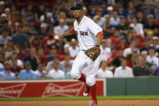 BOSTON, MA - JULY 17:  Xander Bogaerts #2 of the Boston Red Sox throws to first base in the ninth inning of a game against the Toronto Blue Jays at Fenway Park on July 17, 2017 in Boston, Massachusetts.  (Photo by Adam Glanzman/Getty Images)