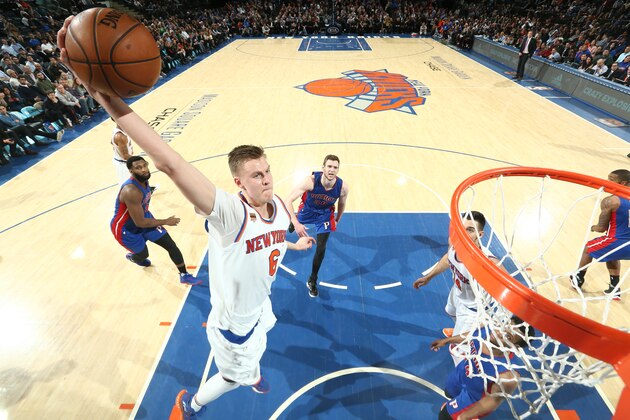 NEW YORK, NY - MARCH 27: Kristaps Porzingis #6 of the New York Knicks goes up for a dunk during a game against the Detroit Pistons on March 27, 2017 at Madison Square Garden in New York City, New York. NOTE TO USER: User expressly acknowledges and agrees that, by downloading and/or using this photograph, user is consenting to the terms and conditions of the Getty Images License Agreement. Mandatory Copyright Notice: Copyright 2017 NBAE (Photo by Nathaniel S. Butler/NBAE via Getty Images) NEW YORK, NY - MARCH 27: Kristaps Porzingis #6 of the New York Knicks goes up for a dunk during a game against the Detroit Pistons on March 27, 2017 at Madison Square Garden in New York City, New York. NOTE TO USER: User expressly acknowledges and agrees that, by downloading and/or using this photograph, user is consenting to the terms and conditions of the Getty Images License Agreement. Mandatory Copyright Notice: Copyright 2017 NBAE (Photo by Nathaniel S. Butler/NBAE via Getty Images)