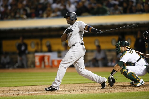 OAKLAND, CA - JUNE 15: Chris Carter #48 of the New York Yankees bats during the game against the Oakland Athletics at the Oakland Alameda Coliseum on June 15, 2017 in Oakland, California. The Athletics defeated the Yankees 8-7. (Photo by Michael Zagaris/Oakland Athletics/Getty Images)