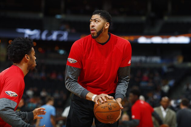 New Orleans Pelicans forward Anthony Davis (23) in the first half of an NBA basketball game Friday, April 7, 2017, in Denver. (AP Photo/David Zalubowski) New Orleans Pelicans forward Anthony Davis (23) in the first half of an NBA basketball game Friday, April 7, 2017, in Denver. (AP Photo/David Zalubowski)