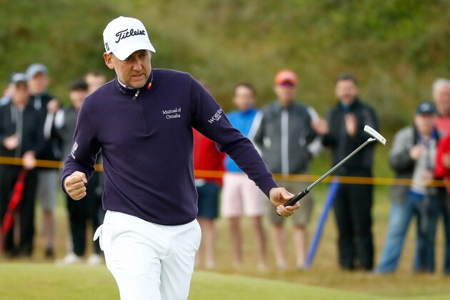 SOUTHPORT, ENGLAND - JULY 20:  Ian Poulter of England celebrates a birdie on the 4th green during the first round of the 146th Open Championship at Royal Birkdale on July 20, 2017 in Southport, England.  (Photo by Gregory Shamus/Getty Images)