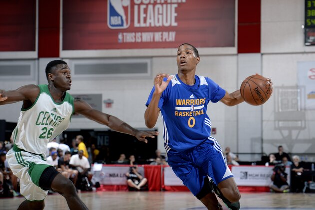 LAS VEGAS, NV - JULY 13: Patrick McCaw #0 of the Golden State Warriors drives to the basket during the game against the Boston Celtics during the 2017 Las Vegas Summer League game on July 13, 2017 at the Cox Pavillion in Las Vegas, Nevada. NOTE TO USER: User expressly acknowledges and agrees that, by downloading and or using this Photograph, user is consenting to the terms and conditions of the Getty Images License Agreement. Mandatory Copyright Notice: Copyright 2017 NBAE (Photo by David Dow/NBAE via Getty Images)