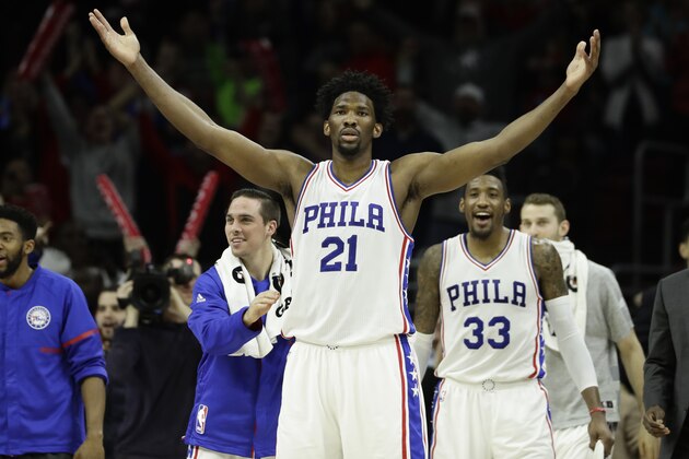 Philadelphia 76ers' Joel Embiid in action during an NBA basketball game against the Toronto Raptors, Wednesday, Jan. 18, 2017, in Philadelphia. (AP Photo/Matt Slocum)