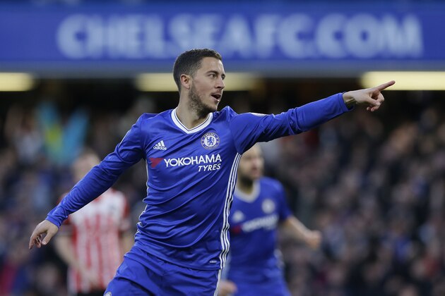 Chelsea's Eden Hazard celebrates scoring the opening goal during the English Premier League soccer match between Chelsea and Southampton at Stamford Bridge stadium in London, Tuesday, April 25, 2017. (AP Photo/Alastair Grant) Chelsea's Eden Hazard celebrates scoring the opening goal during the English Premier League soccer match between Chelsea and Southampton at Stamford Bridge stadium in London, Tuesday, April 25, 2017. (AP Photo/Alastair Grant)