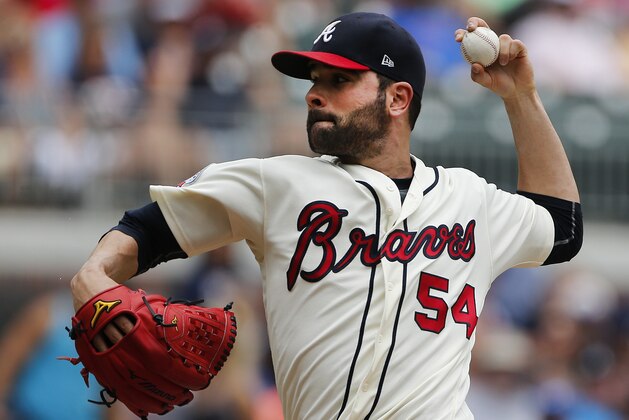 Atlanta Braves starting pitcher Jaime Garcia (54) works in the first inning of a baseball game against the Arizona Diamondbacks, Sunday, July 16, 2017, in Atlanta. (AP Photo/John Bazemore)