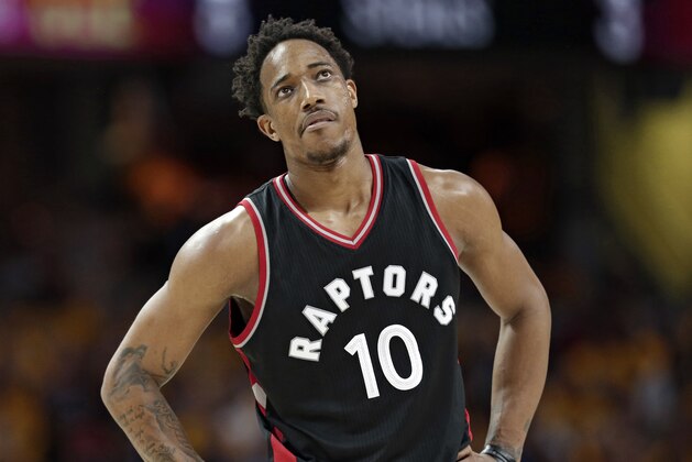 Toronto Raptors' DeMar DeRozan looks up in the second half in Game 1 of a second-round NBA basketball playoff series against the Cleveland Cavaliers, Monday, May 1, 2017, in Cleveland. The Cavaliers won 116-105. (AP Photo/Tony Dejak)