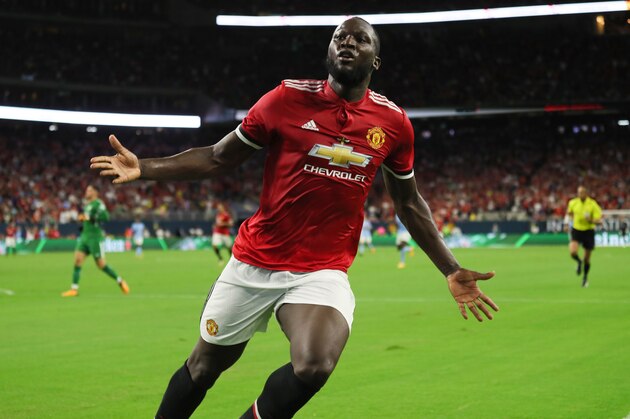 HOUSTON, TX - JULY 20: Romelu Lukaku of Manchester United celebrates after scoring a goal to make it 1-0 during the International Champions Cup 2017 match between Manchester United and Manchester City at NRG Stadium on July 20, 2017 in Houston, Texas. (Photo by Matthew Ashton - AMA/Getty Images)