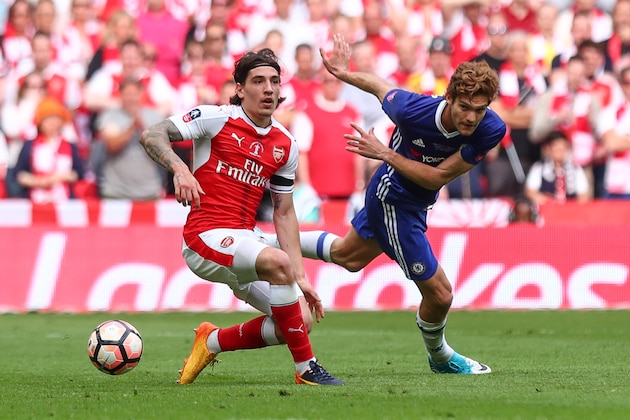LONDON, ENGLAND - MAY 27:  Hector Bellerin of Arsenal and Marcos Alonso of Chelsea during the Emirates FA Cup Final match between Arsenal and Chelsea at Wembley Stadium on May 27, 2017 in London, England. (Photo by Robbie Jay Barratt - AMA/Getty Images)