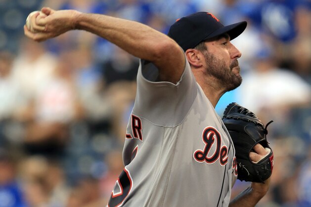 Detroit Tigers starting pitcher Justin Verlander delivers to a Kansas City Royals batter during the first inning of a baseball game at Kauffman Stadium in Kansas City, Mo., Wednesday, July 19, 2017. (AP Photo/Orlin Wagner)