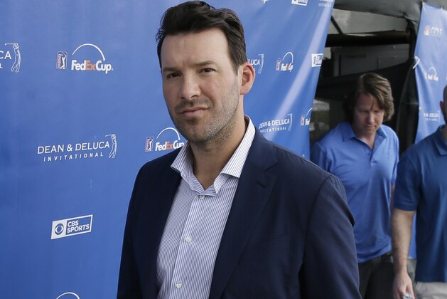 Former NFL quarterback Tony Romo leaves the broadcast booth after appearing on air during the third round of the Dean & DeLuca Invitational golf tournament at Colonial Country Club in Fort Worth, Texas, Saturday, May 27, 2017. (AP Photo/LM Otero)