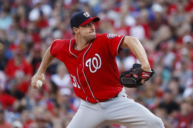 Washington Nationals starting pitcher Max Scherzer throws in the first inning of a baseball game against the Cincinnati Reds, Saturday, July 15, 2017, in Cincinnati. (AP Photo/John Minchillo) Washington Nationals starting pitcher Max Scherzer throws in the first inning of a baseball game against the Cincinnati Reds, Saturday, July 15, 2017, in Cincinnati. (AP Photo/John Minchillo)