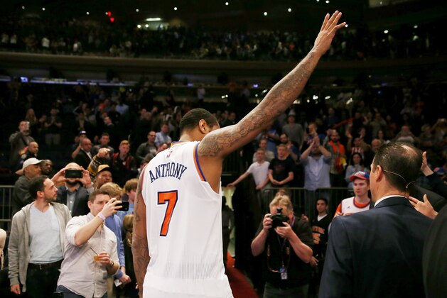 NEW YORK, NY - APRIL 12:  Carmelo Anthony #7 of the New York Knicks waves to the fans as he walks off the court after the 114-113 win over the Philadelphia 76ers at Madison Square Garden on April 12, 2017 in New York City. NOTE TO USER: User expressly acknowledges and agrees that, by downloading and or using this Photograph, user is consenting to the terms and conditions of the Getty Images License Agreement  (Photo by Elsa/Getty Images)