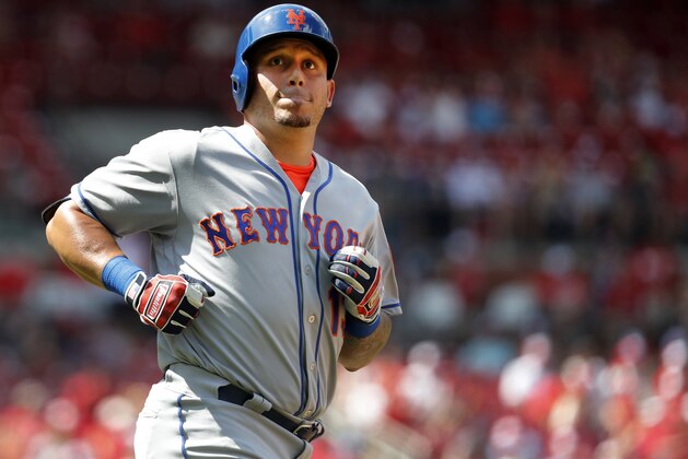 New York Mets' Asdrubal Cabrera looks into the crowd after flying out during the ninth inning of a baseball game against the St. Louis Cardinals, Sunday, July 9, 2017, in St. Louis. (AP Photo/Jeff Roberson)