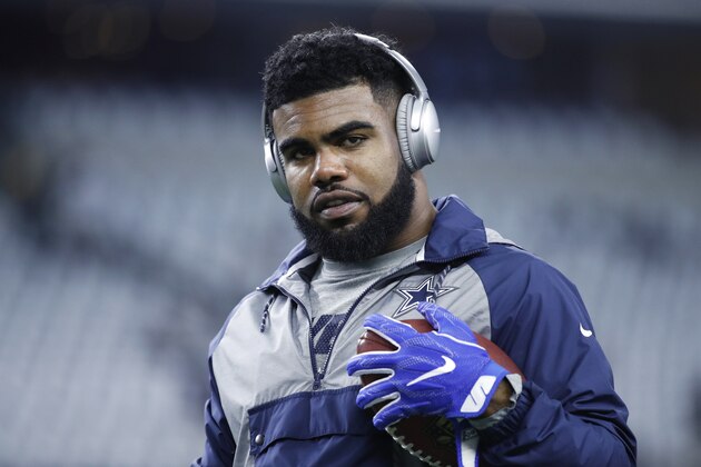 ARLINGTON, TX - JANUARY 15: Ezekiel Elliott #21 of the Dallas Cowboys looks on before the NFC Divisional Playoff game against the Green Bay Packers at AT&T Stadium on January 15, 2017 in Arlington, Texas. The Packers defeated the Cowboys 34-31. (Photo by Joe Robbins/Getty Images) ARLINGTON, TX - JANUARY 15: Ezekiel Elliott #21 of the Dallas Cowboys looks on before the NFC Divisional Playoff game against the Green Bay Packers at AT&T Stadium on January 15, 2017 in Arlington, Texas. The Packers defeated the Cowboys 34-31. (Photo by Joe Robbins/Getty Images)