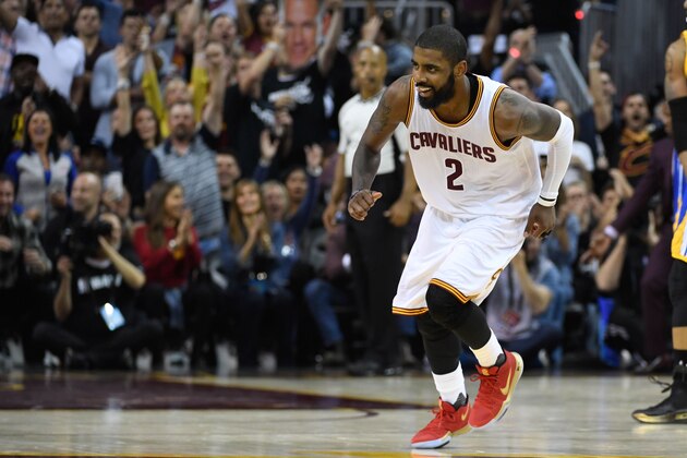 June 9, 2017; Cleveland, OH, USA; Cleveland Cavaliers guard Kyrie Irving (2) during the second quarter in game four of the 2017 NBA Finals against the Golden State Warriors at Quicken Loans Arena. Mandatory Credit: Kyle Terada-USA TODAY Sports June 9, 2017; Cleveland, OH, USA; Cleveland Cavaliers guard Kyrie Irving (2) during the second quarter in game four of the 2017 NBA Finals against the Golden State Warriors at Quicken Loans Arena. Mandatory Credit: Kyle Terada-USA TODAY Sports