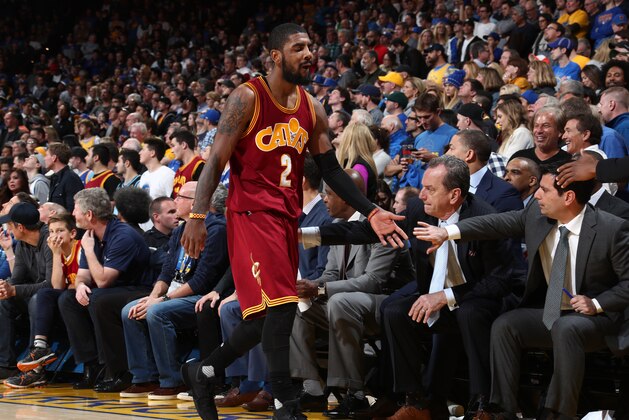 OAKLAND, CA - JANUARY 16: Kyrie Irving #2 of the Cleveland Cavaliers goes to the bench against the Golden State Warriors on January 16, 2017 at ORACLE Arena in Oakland, California. NOTE TO USER: User expressly acknowledges and agrees that, by downloading and or using this photograph, user is consenting to the terms and conditions of Getty Images License Agreement. Mandatory Copyright Notice: Copyright 2017 NBAE (Photo by Nathaniel S. Butler/NBAE via Getty Images)