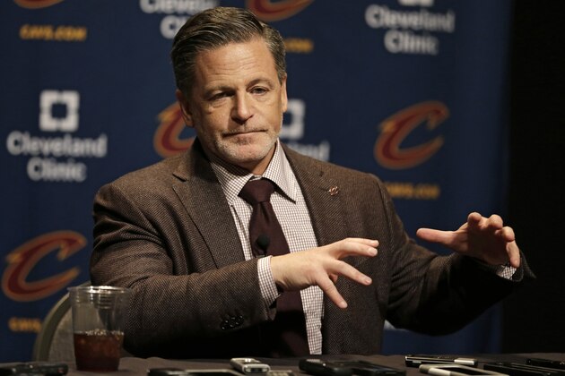 Cleveland Cavaliers owner Dan Gilbert answers questions before an NBA basketball game between the Miami Heat and the Cleveland Cavaliers, Friday, Oct. 30, 2015, in Cleveland. (AP Photo/Tony Dejak)