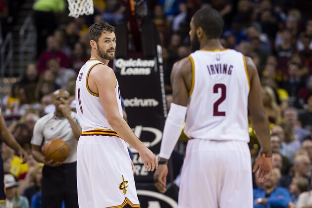 CLEVELAND, OH - APRIL 2: Kevin Love #0 of the Cleveland Cavaliers and Kyrie Irving #2 pause on the court during the first half against the Indiana Pacers at Quicken Loans Arena on April 2, 2017 in Cleveland, Ohio. NOTE TO USER: User expressly acknowledges and agrees that, by downloading and/or using this photograph, user is consenting to the terms and conditions of the Getty Images License Agreement. (Photo by Jason Miller/Getty Images)