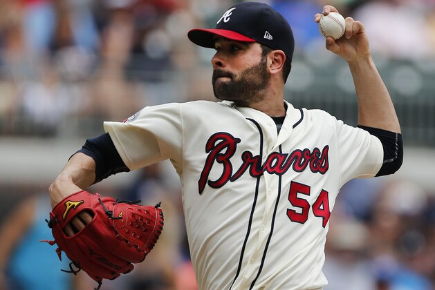 Atlanta Braves starting pitcher Jaime Garcia (54) works in the first inning of a baseball game against the Arizona Diamondbacks, Sunday, July 16, 2017, in Atlanta. (AP Photo/John Bazemore)