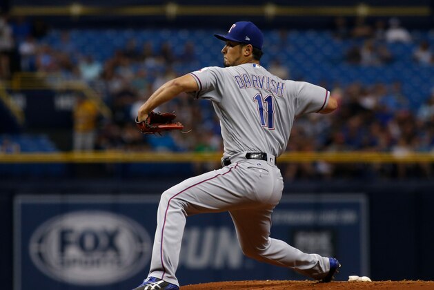 ST. PETERSBURG, FL - JULY 21: Yu Darvish #11 of the Texas Rangers pitches during the first inning of a game against the Tampa Bay Rays on July 21, 2017 at Tropicana Field in St. Petersburg, Florida. (Photo by Brian Blanco/Getty Images)