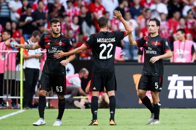 SHENZHEN, CHINA - JULY 22:  #5 Giacomo Bonaventura of AC Milan celebrates with his teammates after scoring a goal during the 2017 International Champions Cup China  match between FC Bayern and AC Milan at Universiade Sports Centre Stadium on July 22, 2017 in Shenzhen, China.  (Photo by Zhizhao Wu/Getty Images)
