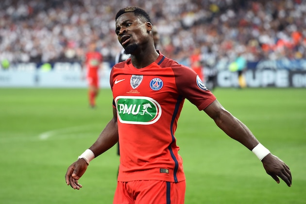 Paris Saint-Germain's Ivorian defender Serge Aurier reacts  during the French Cup final football match between Paris Saint-Germain (PSG) and Angers (SCO) on May 27, 2017, at the Stade de France in Saint-Denis, north of Paris. / AFP PHOTO / JEAN-FRANCOIS MONIER        (Photo credit should read JEAN-FRANCOIS MONIER/AFP/Getty Images)