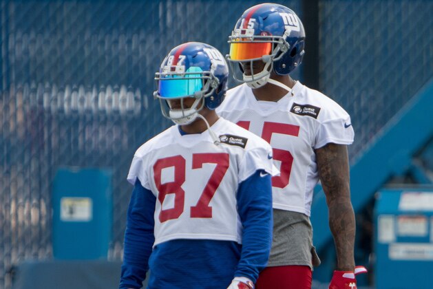 Jun 13, 2017; East Rutherford, NJ, USA;New York Giants wide receiver Sterling Shepard (87) and New York Giants wide receiver Brandon Marshall (15) during mini camp at Quest Diagnostics Training Center. Mandatory Credit: William Hauser-USA TODAY Sports